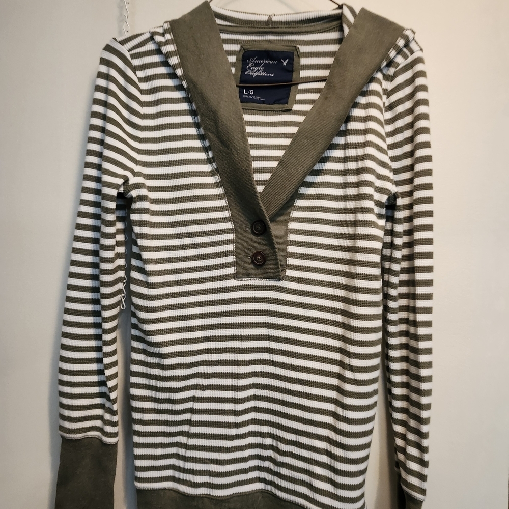 American Eagle Outfitters Striped Long Sleeve Top - Olive and White